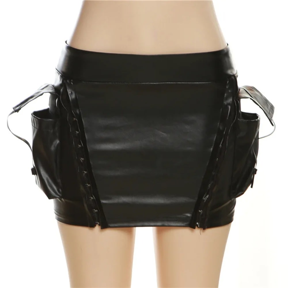 Women Black PU Leather 2 Piece Set Off Shoulder Crop Top